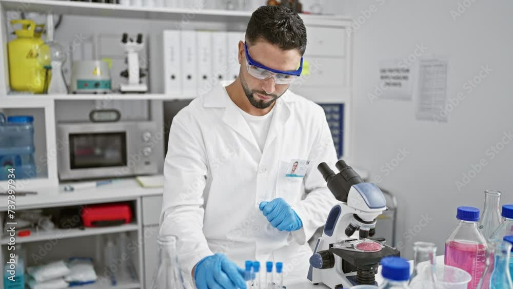 A man in lab goggles and gloves examines specimens in a modern laboratory setting. A man in lab goggles and gloves examines specimens in a modern laboratory setting.