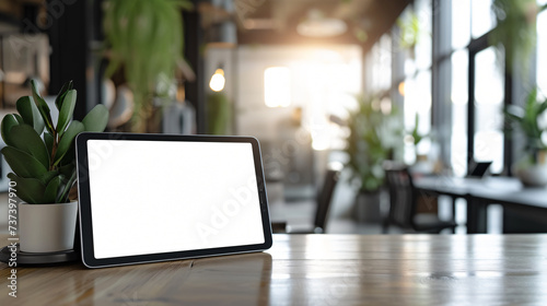 A sleek and modern digital tablet mockup sits elegantly on a desk in a professional office setting. Its flawless screen is left empty, making it the perfect canvas to showcase your interacti