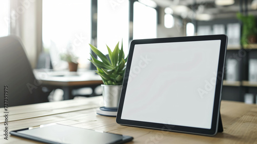 A sleek and modern digital tablet mockup sits elegantly on a desk in a professional office setting. Its flawless screen is left empty, making it the perfect canvas to showcase your interacti