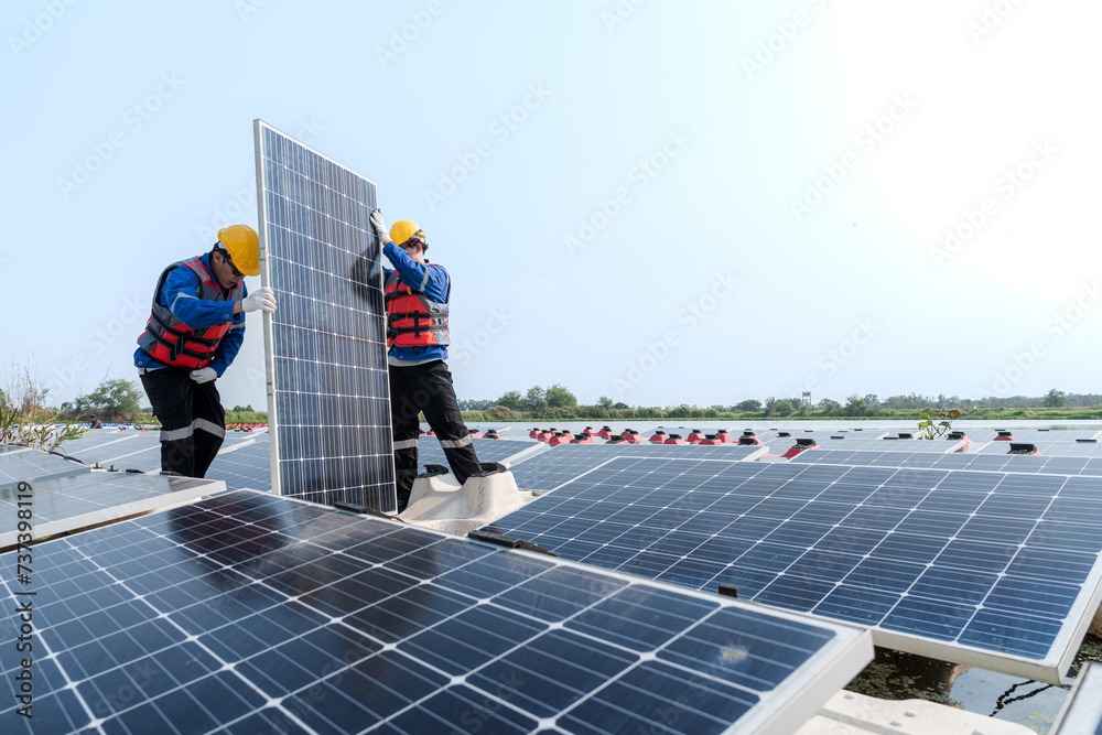 custom made wallpaper toronto digitalPhotovoltaic engineers work on floating photovoltaics. workers Inspect and repair the solar panel equipment floating on water. Engineer working setup Floating solar panels Platform system on the lake.