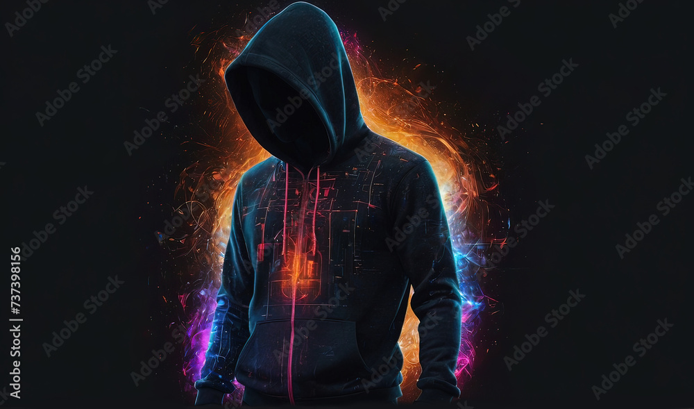 Generative AI double exposure a lone figure in a hoodie and power boxing, universes collide with neon, cyberpunk, holography, cosmic background. Anonymous man in a black hoodie hacking computer avatar