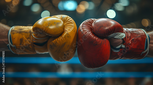 Two male hands in boxing gloves. Sports confrontation.Glove Touch Sportsmanship: Document the moment of sportsmanship as two boxers touch gloves at the start of a match, showing respect for each other