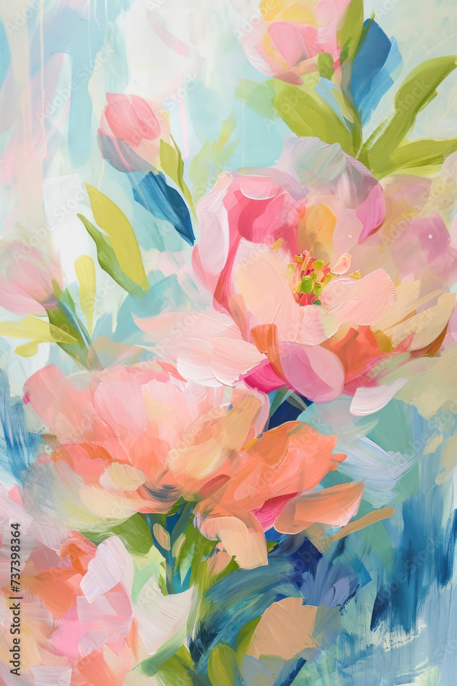 Painterly texture abstract background using bold bright brushstrokes with a colorful flowers.