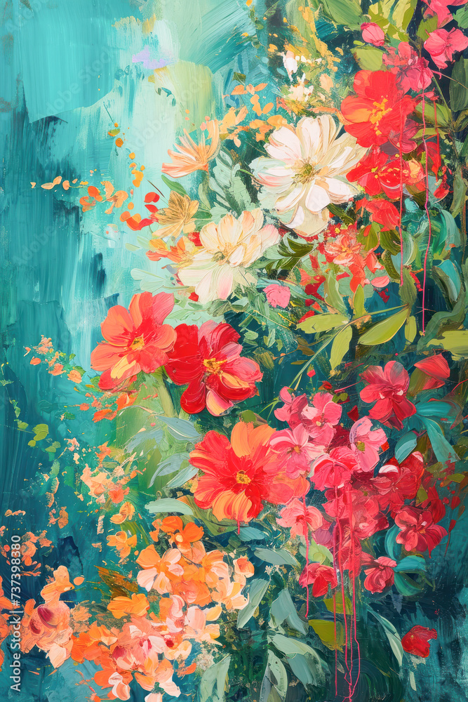 Painterly texture abstract background using bold bright brushstrokes with a colorful flowers. Painterly texture abstract background using bold bright brushstrokes with a colorful flowers.