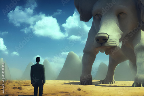 man in a surreal world with a very big aniaml photo