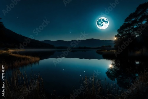 The reflection of a full moon on a calm, mirror-like lake surrounded by rolling hills. © AR Arts