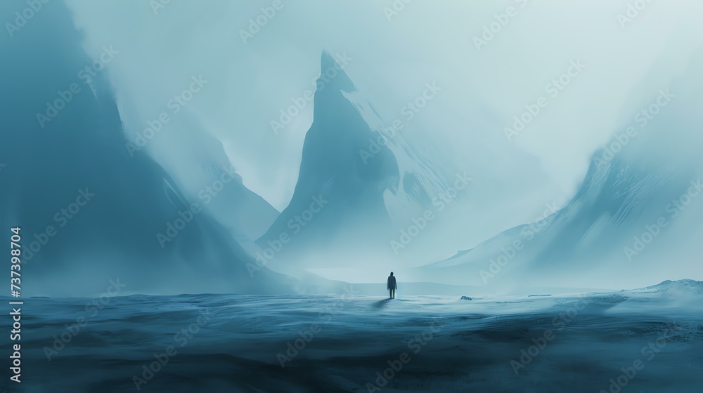 Solitude personified amidst majestic mountains in serene blue tones. - obrazy, fototapety, plakaty 