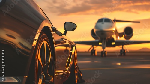 Stunning private jet and luxury car parked together on a sunlit tarmac, exuding opulence and elegance. An iconic symbol of wealth and high-end travel. photo