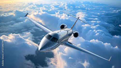 A stunning luxury private jet soars through the blue sky, its sleek and aerodynamic design radiating exclusivity and elegance. This sleek mockup captures the essence of high-end travel and e
