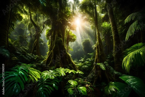 A lush  tropical rainforest with sunlight filtering through the dense canopy.