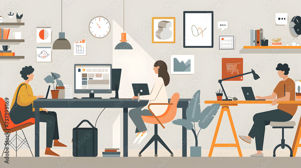 Remote working and networking center graphic of people in shared office space Remote working and networking center graphic of people in shared office space