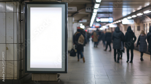 A captivating stock image of a blank poster mockup in a bustling subway station. This large poster grabs attention with its strategic placement amid the busy surroundings, creating an ideal