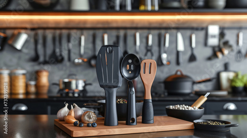 A captivating mockup featuring a premium cooking utensil set showcased in a professional chef's kitchen. Highlighting the sleek design and unrivaled quality of the utensils, this image epito