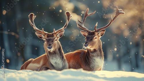 two deer standing next to each other on top of a snow covered ground in front of a forest filled with trees. photo