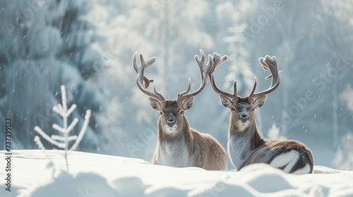two deer standing next to each other on top of a snow covered ground in front of a forest filled with trees.