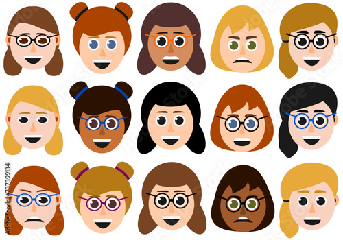 Happy, angry, excited vector female character faces with different hair styles. 