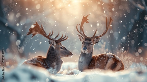 a couple of deer standing next to each other on top of a snow covered ground in front of a forest. photo