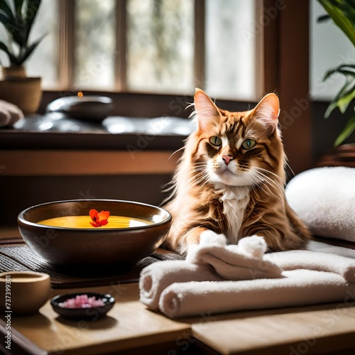 a cat lying in a spa room and relaxing with face treatment , a small Tibetan Bowl next to it --3:2--V4 