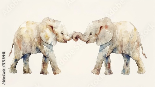 a couple of elephants standing next to each other in front of a white wall with a painting of two elephants touching their trunks.