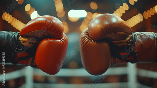 Two male hands in boxing gloves. Sports confrontation.Glove Touch Sportsmanship: Document the moment of sportsmanship as two boxers touch gloves at the start of a match, showing respect for each other photo