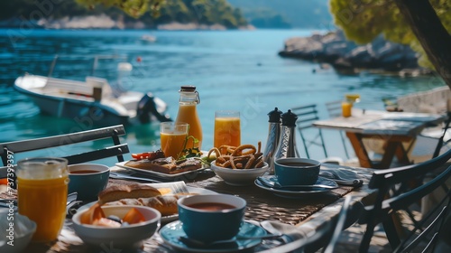 A delightful breakfast spread awaits on a table overlooking the serene seaside, perfect for a peaceful morning by the coast.