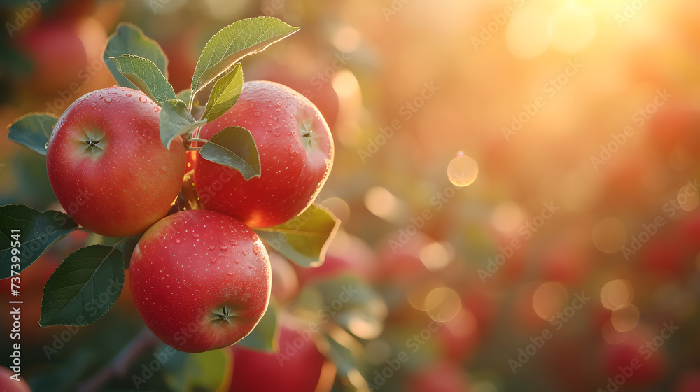 A tree branch with several apples, some of which are bright red. The background is a blur of bright lights A tree branch with several apples, some of which are bright red. The background is a blur of bright lights