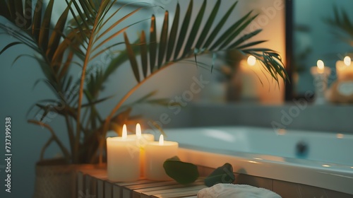A serene spa oasis featuring flickering candles and a vibrant plant  providing utmost relaxation and rejuvenation.