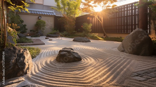 A serene Zen oasis featuring a meticulously raked sand garden and polished stones, bathed in gentle, diffused lighting to accentuate tranquility and elegance.