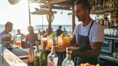 A skilled waiter effortlessly balances a tray of colorful, refreshing drinks while serving customers at a bustling beachside bar, adding to the vibrant atmosphere of summer relaxation. photo