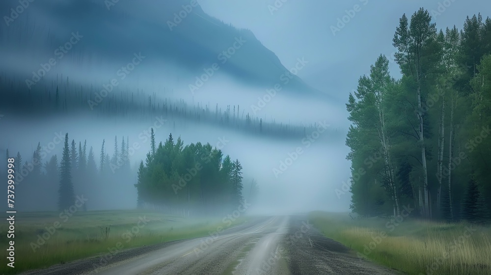 Embrace the allure of the unknown with this captivating stock image capturing an atmospheric foggy morning on a country road. Surrounded by ethereal mist, the path beckons towards a journey