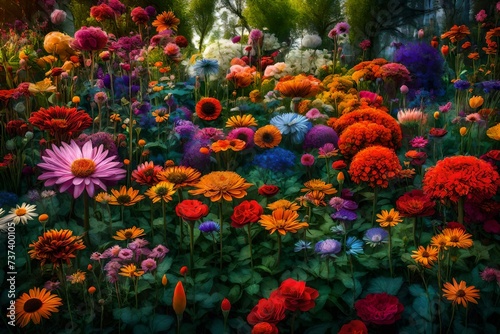 A symphony of colors in a flower garden, with blooms of different shapes and sizes.