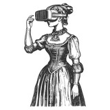 woman playing virtual reality headset in old engraving style art