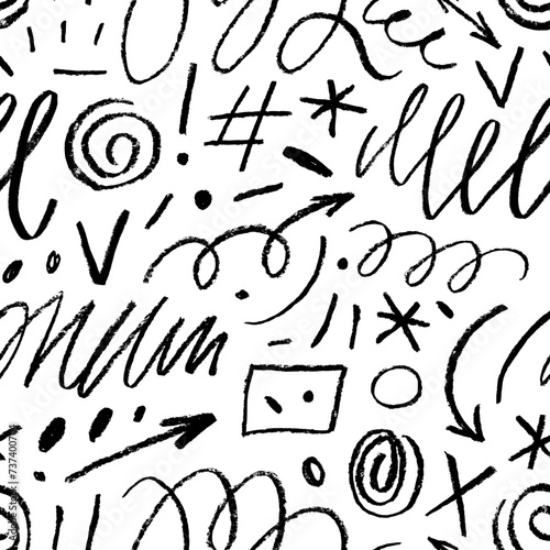 Seamless pattern with doodle charcoal lines, marks and strokes. Hand drawn curly lines, spirals.