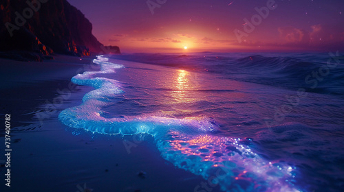 Serene beach under full moon with neon-hued jellyfish creating a mystical ambiance