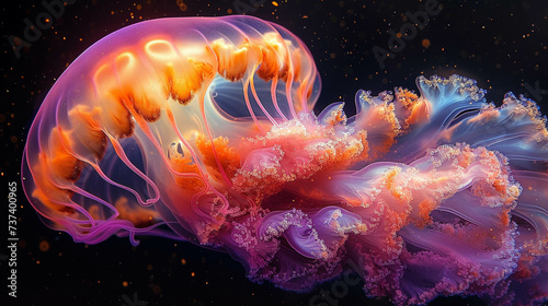 Vibrant beach with pulsating neon-colored translucent jellyfish
