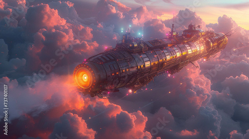 Neon-infused steampunk airship soaring in the sky