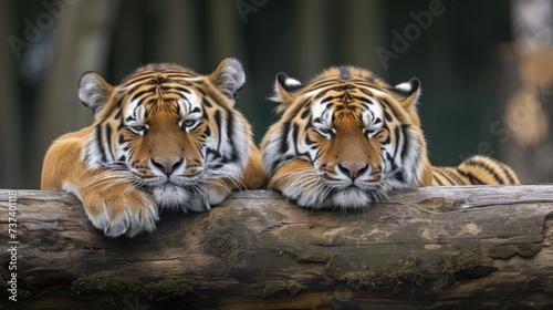 a couple of tigers laying on top of a tree branch next to each other on top of a tree trunk.