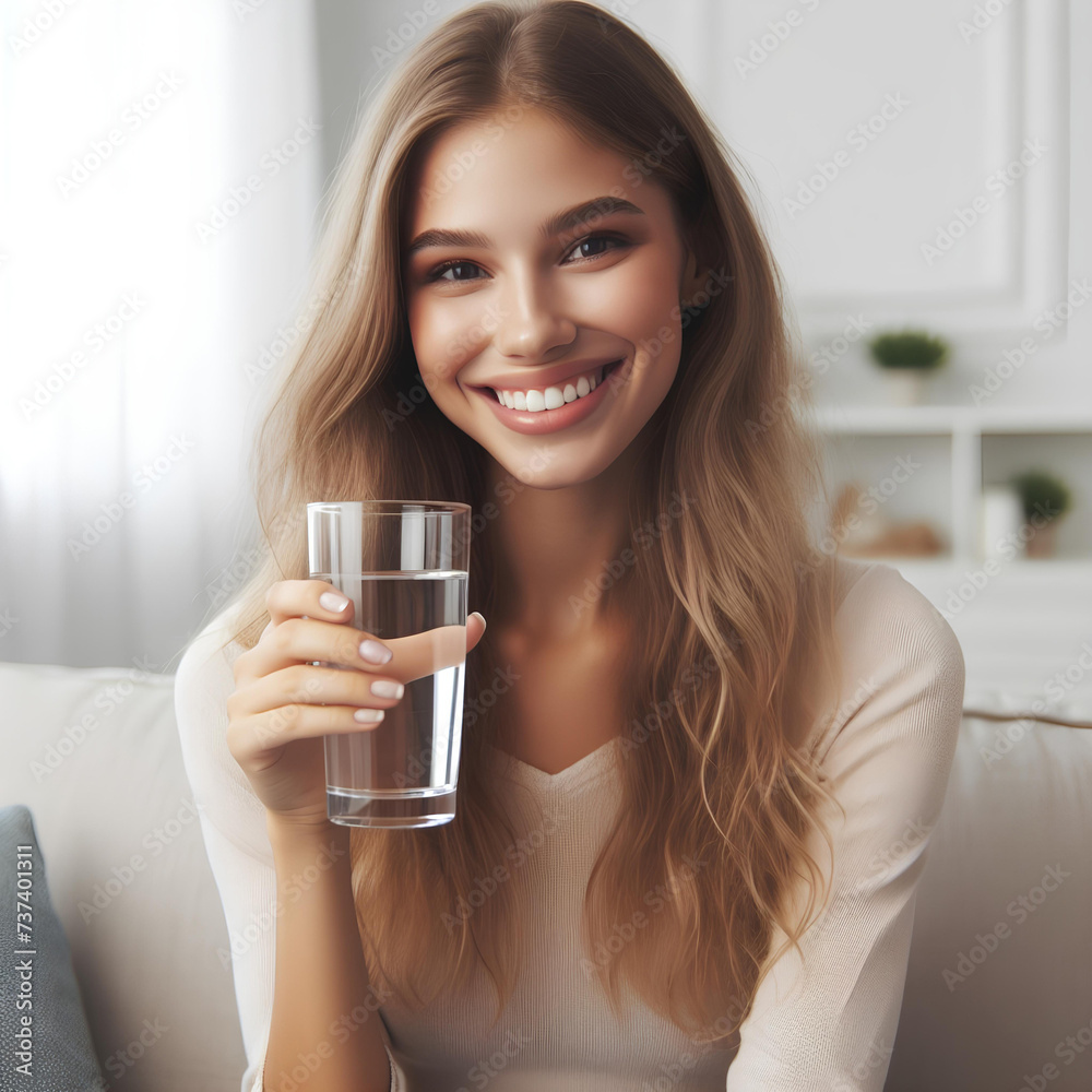 friendly positive girl beaming smile sitting sofa hold glass fresh water on white room background friendly positive girl beaming smile sitting sofa hold glass fresh water on white room background