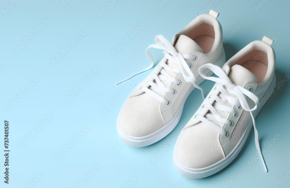 Pair of stylish white sneakers on light blue background, top view, space free