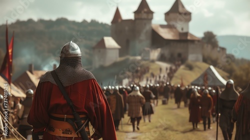 Medieval knights engaging in historical reenactment at an ancient castle, wearing authentic medieval costumes. The crowd watches in awe as the knights demonstrate their sword-fighting skills photo