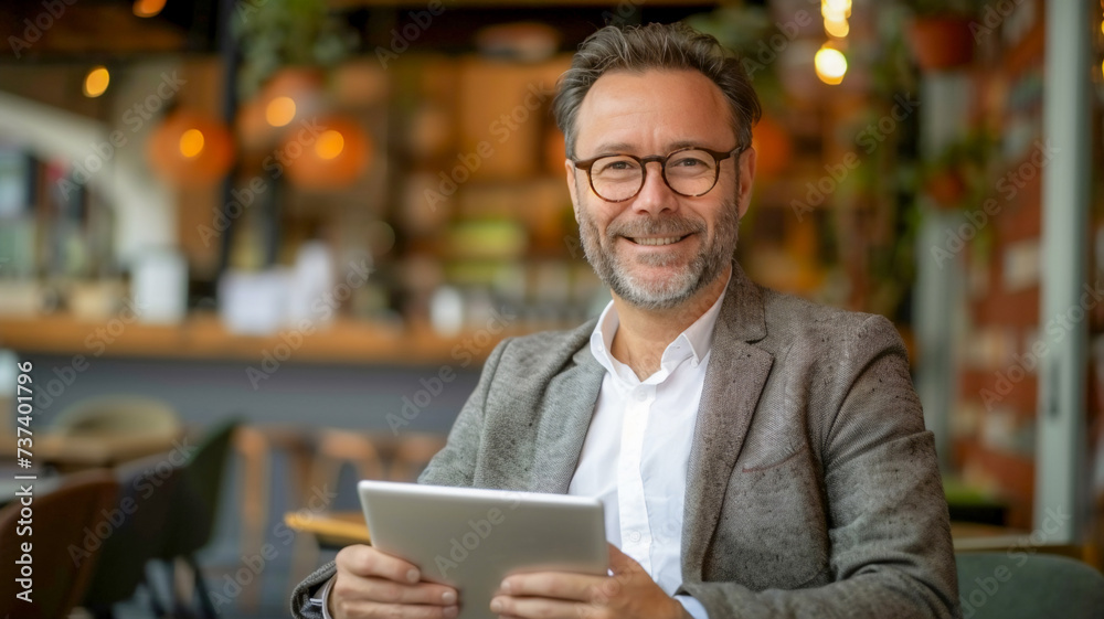 Happy senior businessman working with tablet at coffee shop  .