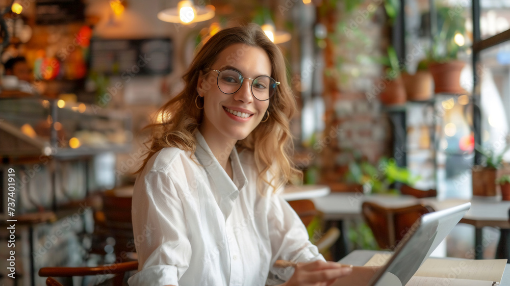 Young confident working woman smiling to camera hold tablet at coffee shop .