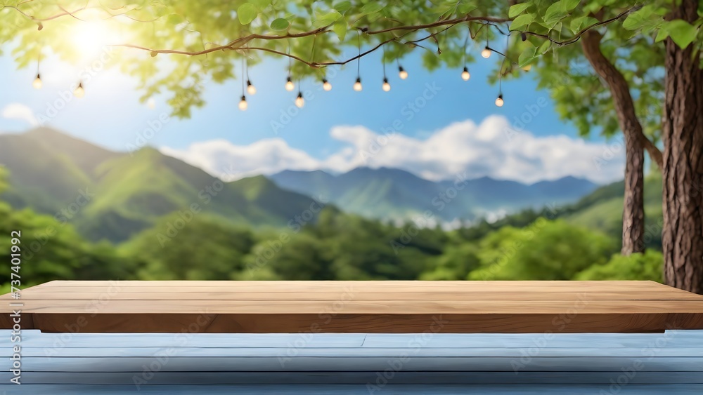 table background of free space for your decoration and blurred landscape of mountains. Blue sky with sun light and nature green small leaves. digital ai table background of free space for your decoration and blurred landscape of mountains. Blue sky with sun light and nature green small leaves. digital ai