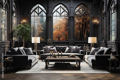 Luxurious dark-colored sofas exuding elegance in a bright living room, accompanied by a perfectly suited table. The scene is framed by an empty canvas, awaiting your creative touch.