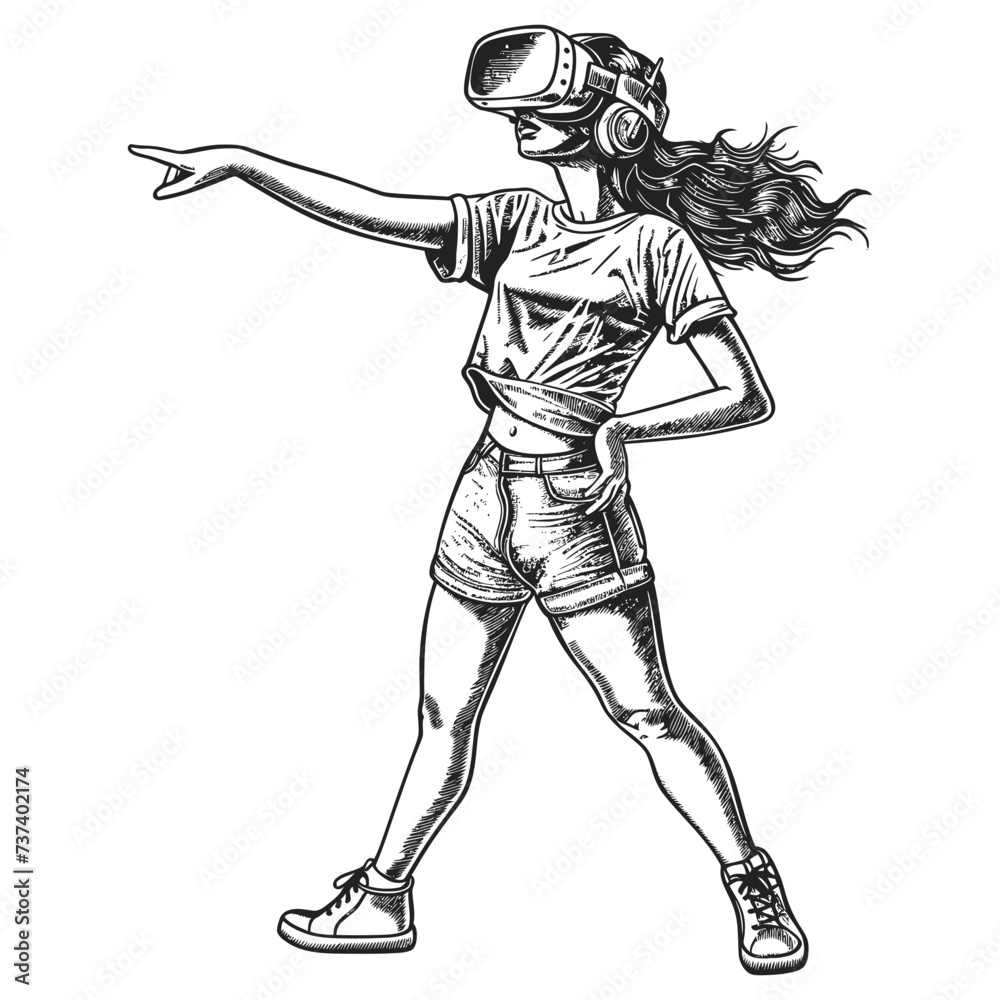 Fototapeta premium woman playing virtual reality headset in old engraving style art