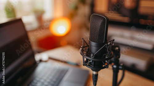 Professional podcast setup in a stylish home studio, featuring a high-quality microphone, laptop, and close-up table. Perfect for recording engaging and captivating audio content.
