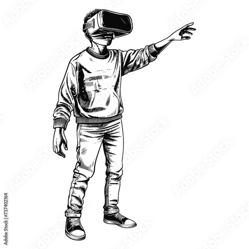 teenager playing virtual reality headset in old engraving style art