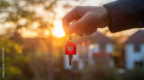 A hand holding a house-shaped keychain and key against a blurred residential backdrop at sunset.