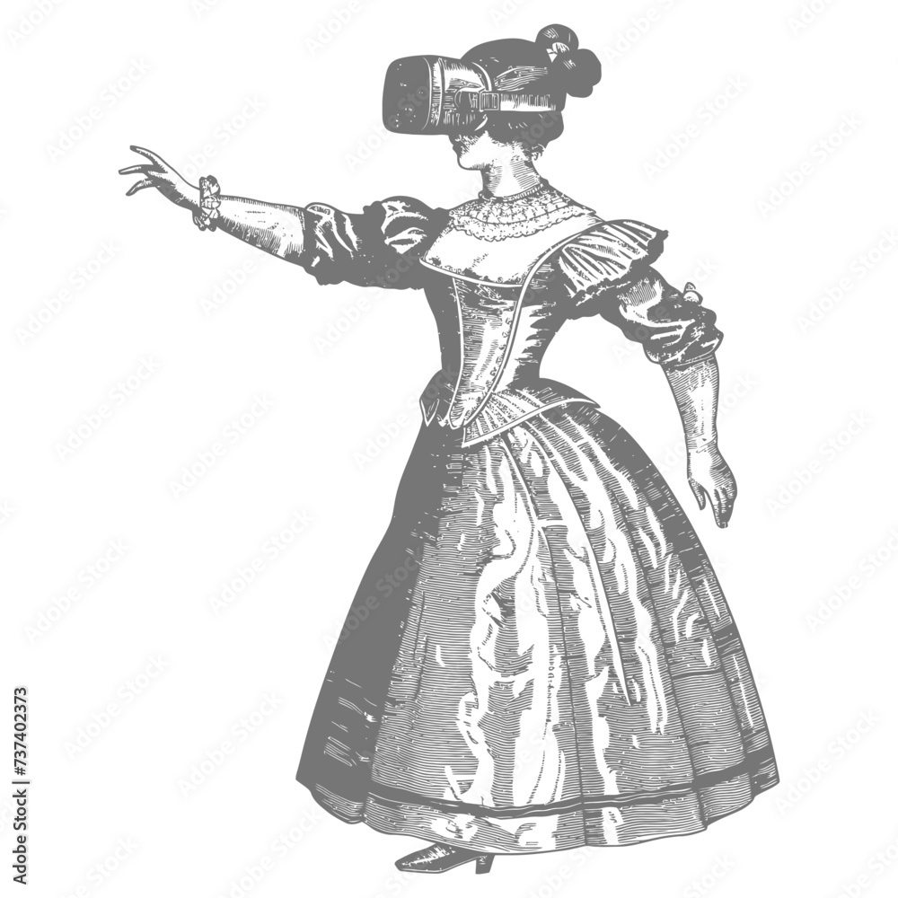 woman playing virtual reality headset in old engraving style art woman playing virtual reality headset in old engraving style art