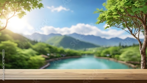 table background of free space for your decoration and blurred landscape of mountains. Blue sky with sun light and nature green small leaves. digital ai